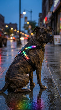 American staff avec le harnais lumineux multicolore sous la pluie