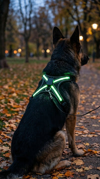 Berger allemand avec le harnais lumineux vert en automne