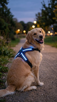 Golden retriever portant le harnais lumineux bleu au parc