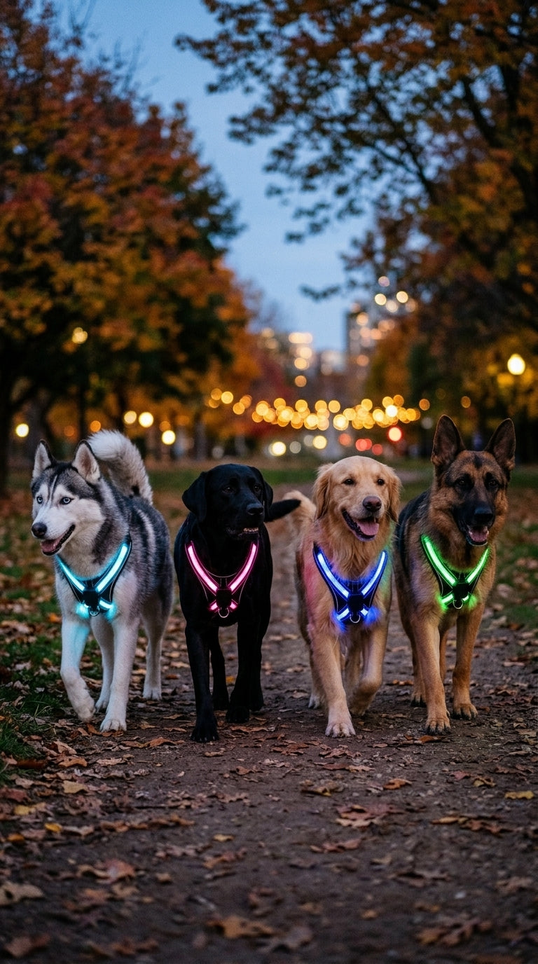 Quatre grands chiens en balade du soir avec leurs harnais lumineux