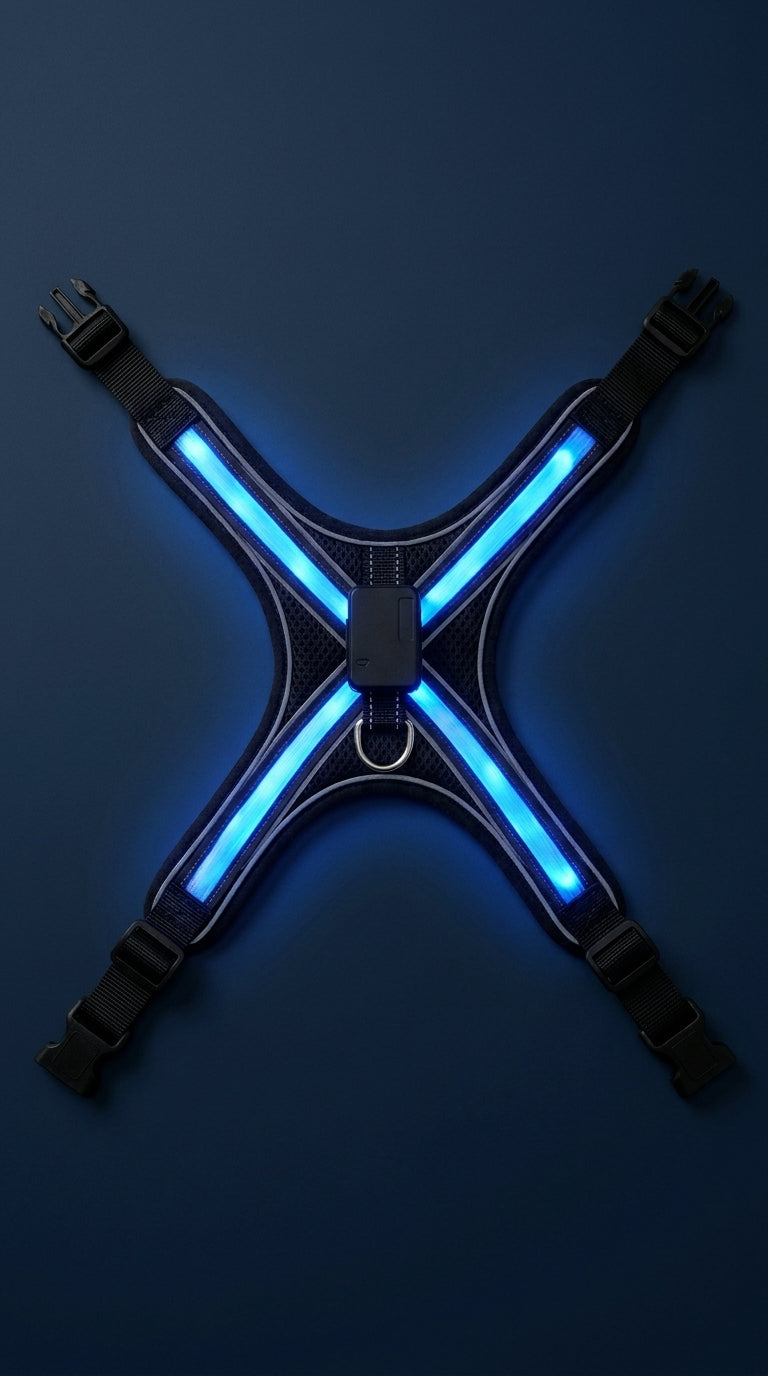 Harnais LED pour grand chien allumé en bleu