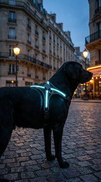 Labrador noir avec le harnais lumineux bleu glacier dans une rue de Paris